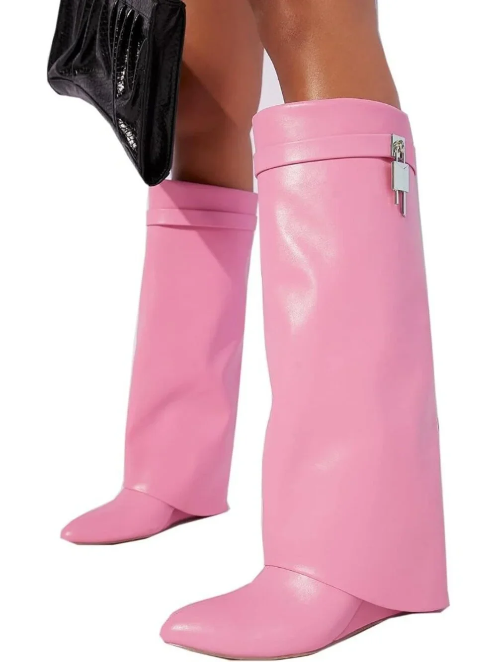 Women's Pink Fold Over Wide Calf Wedge Heel Knee High With Decorative Lock Boot
